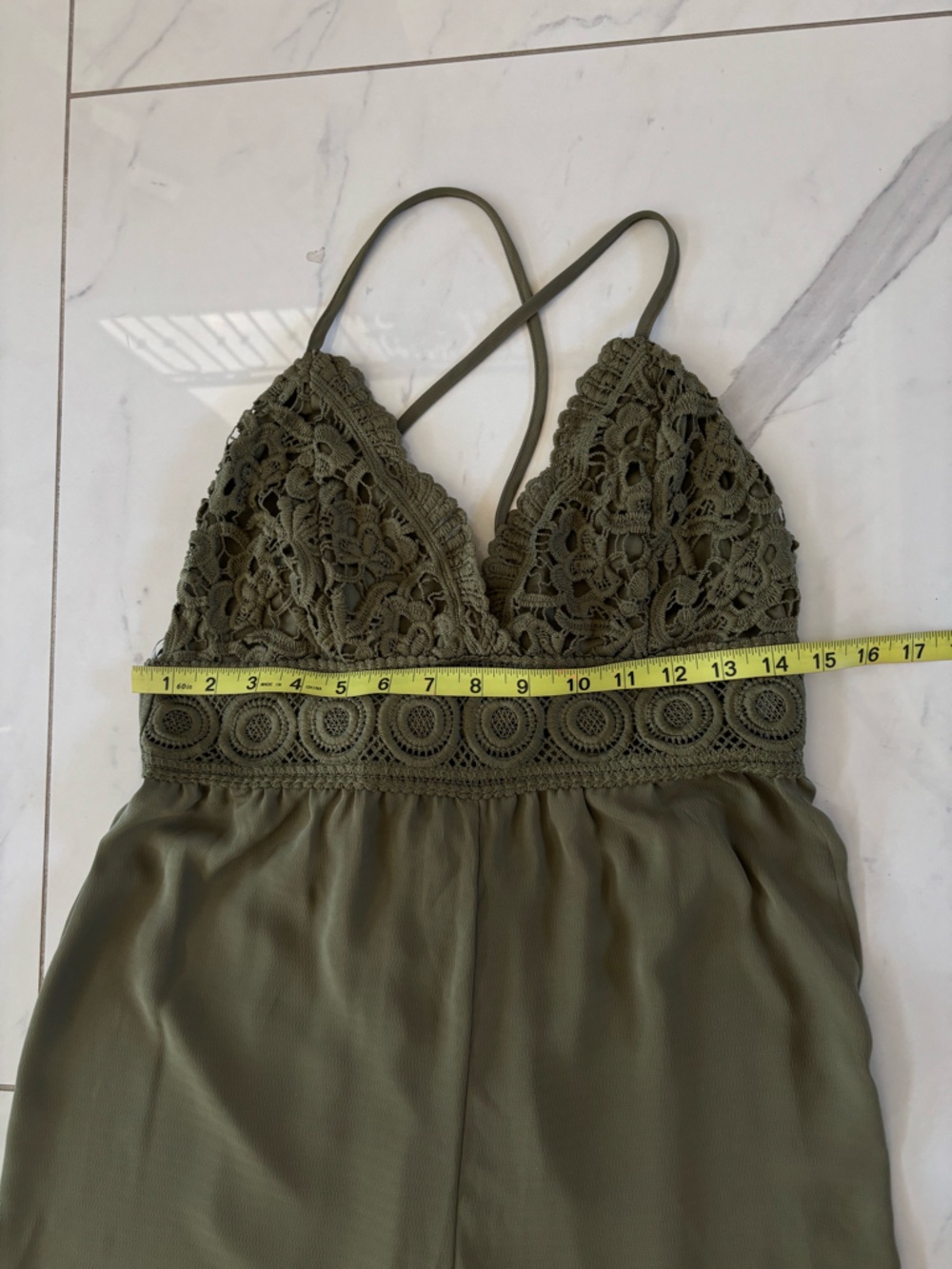 Blashe Olive Crochet Bodice Wide-Leg Jumpsuit Open Back V Neck Like New - Picture 15 of 16